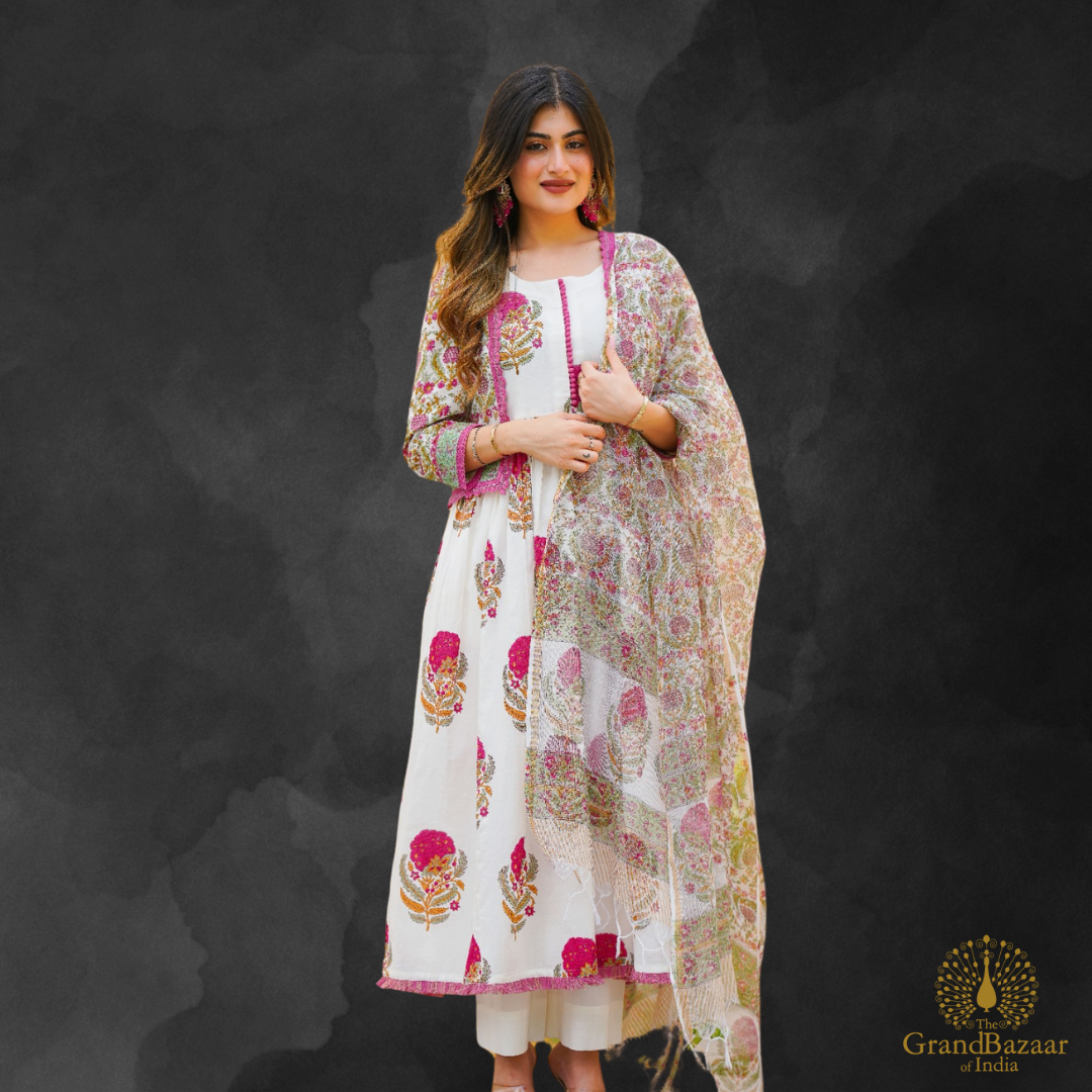 Elegant White Floral Cotton Kurti Set with Dupatta