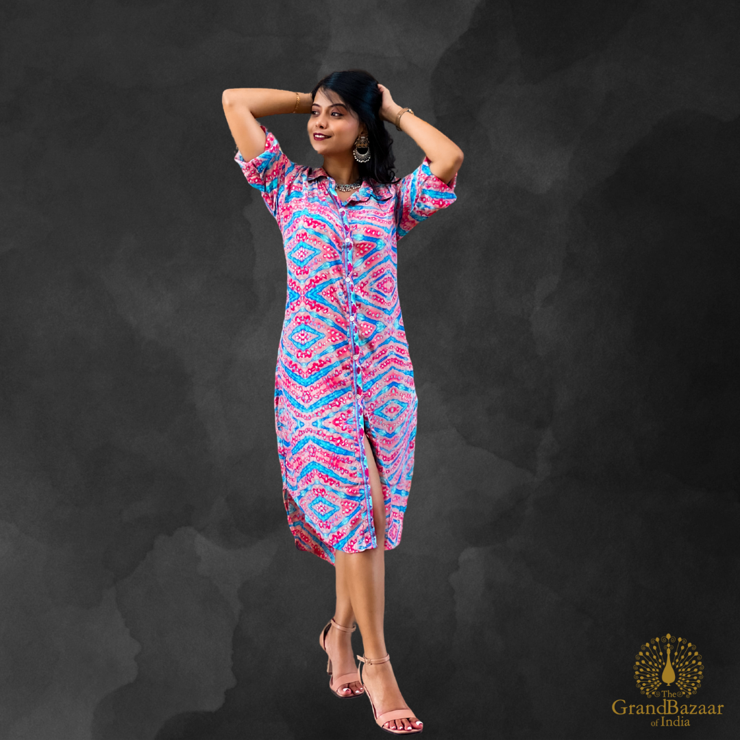 high low shirt dress Elegant Silk High-Low Shirt Dress with Abstract Prints – The Grand Bazaar of India