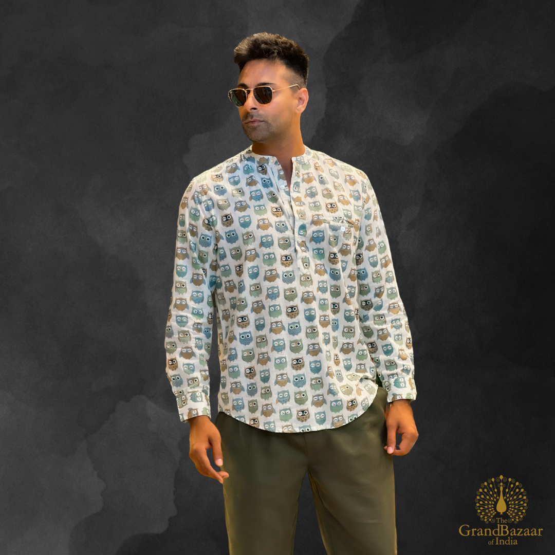 Men's Casual Owl Print Shirt - (MSHORT-KURTA-14-S24)