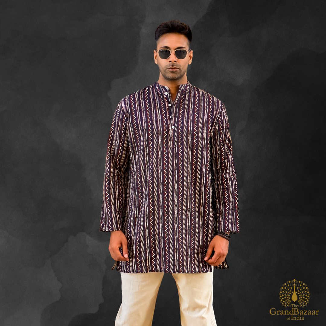 Men's Ethnic Long Kurta with Geometric Stripes - 24 S24