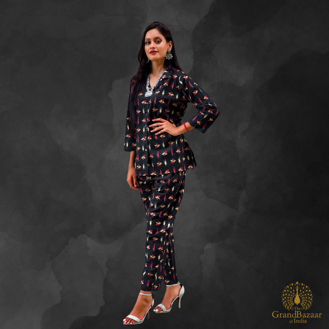 Black Floral Printed Co-ord Set – Ethnic Lounge Wear (CST-26-S24)