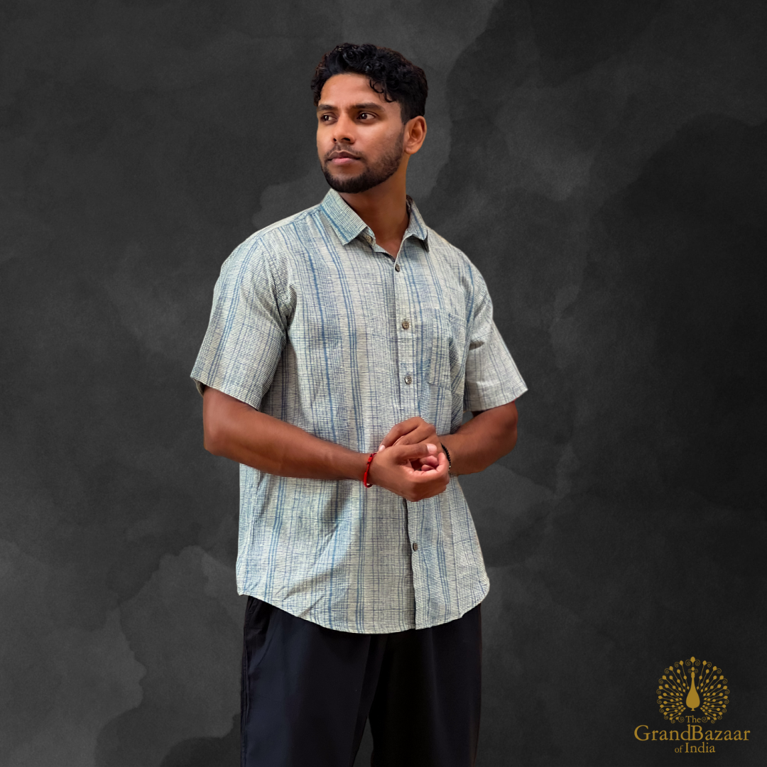 Handwoven Cotton Short-Sleeve Shirt – Subtle Stripes (MSHIRT-HALF-36-S24)