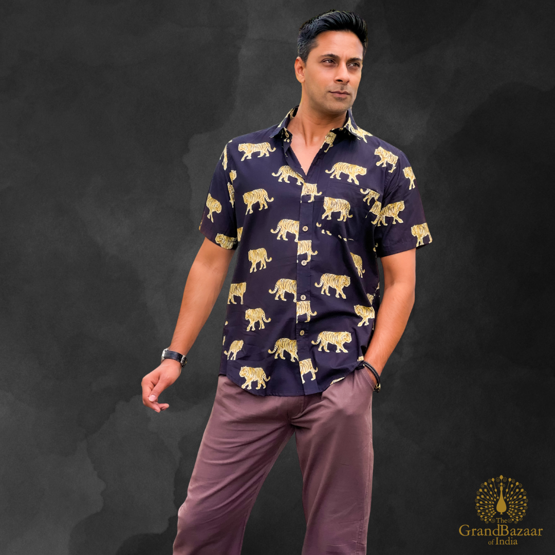 Men’s Cotton Printed Shirt – Black with Golden Tiger Motif(MSHIRT-HALF-34-JL25)