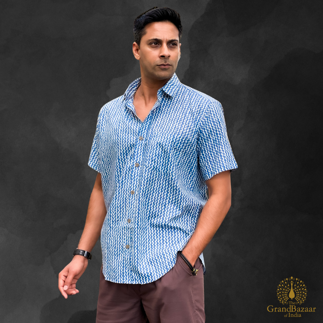 Men’s Cotton Printed Shirt – Blue Geometric Pattern(MSHIRT-HALF-32-JL25)