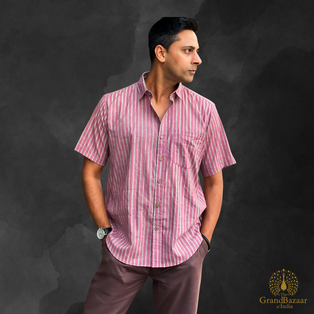 Men’s Handwoven Cotton Striped Shirt – Pink & White(MSHIRT-HALF-31-JL25)