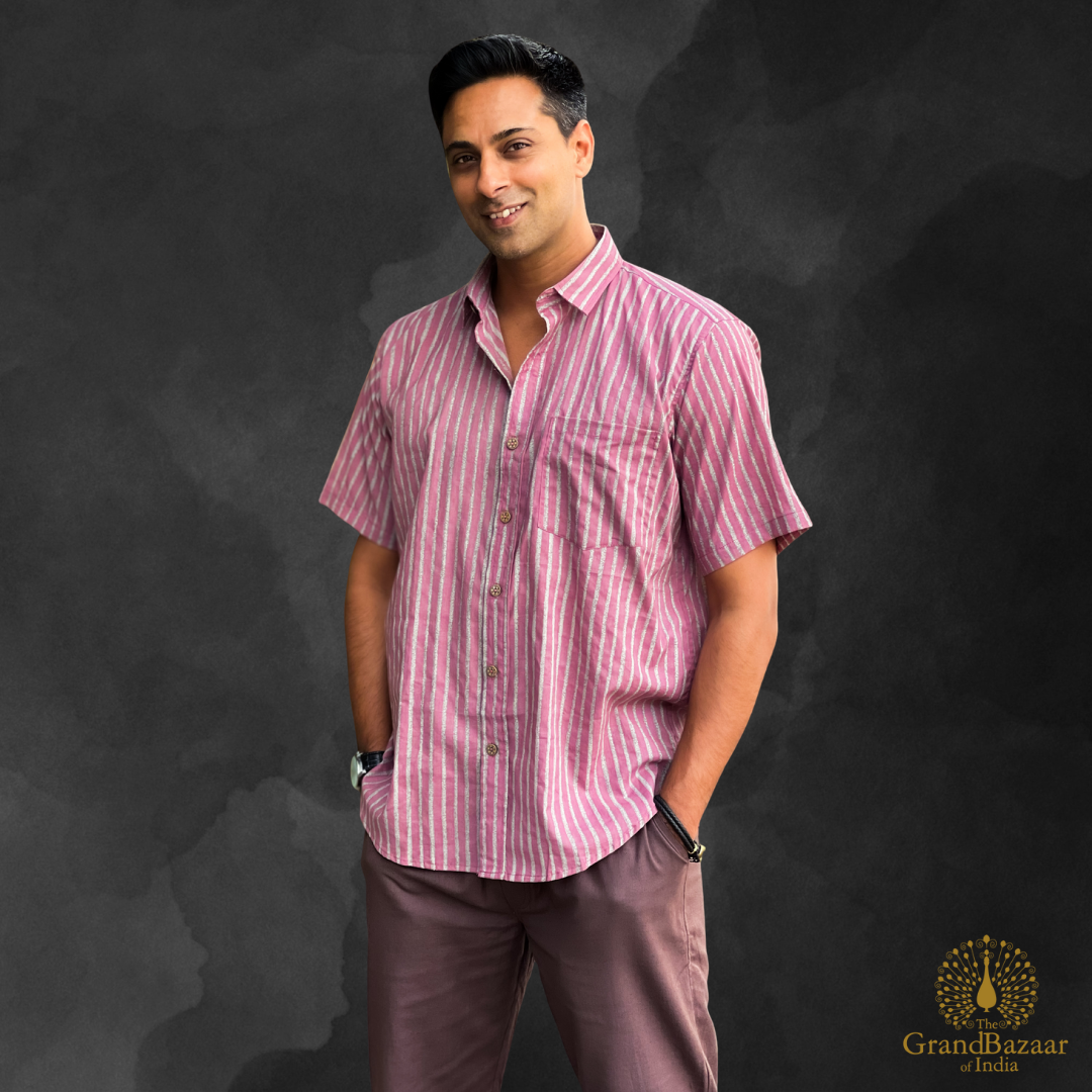 Men’s Handwoven Cotton Striped Shirt – Pink & White(MSHIRT-HALF-31-JL25)
