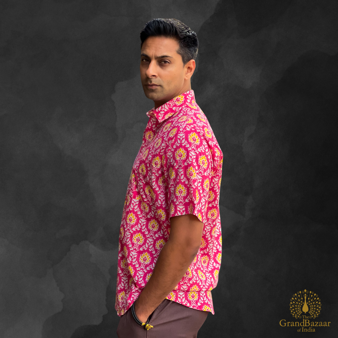 Men’s Cotton Printed Shirt – Vibrant Pink & Yellow Floral(MSHIRT-HALF-35-JL25)