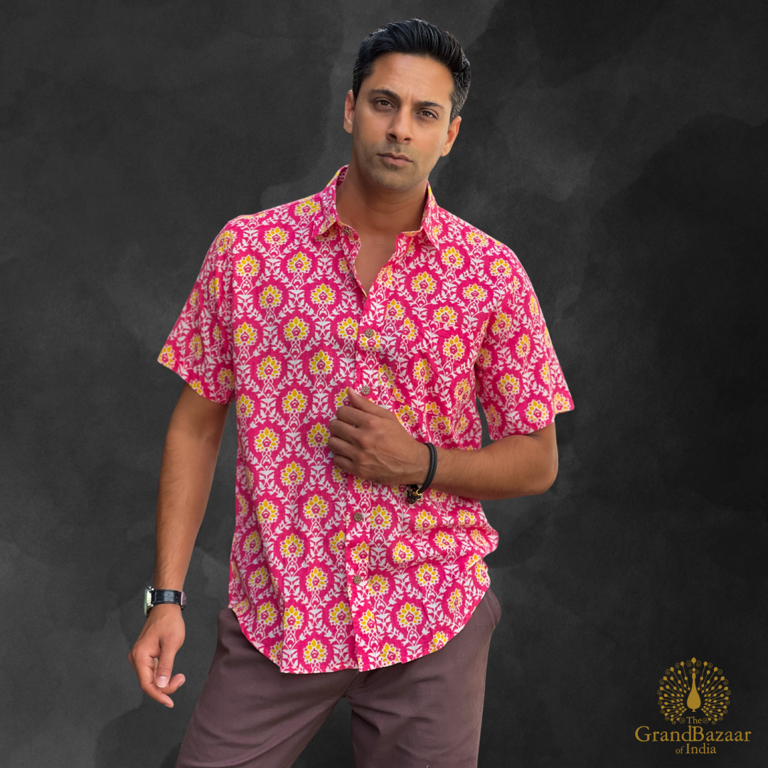 Men’s Cotton Printed Shirt – Vibrant Pink & Yellow Floral(MSHIRT-HALF-35-JL25)