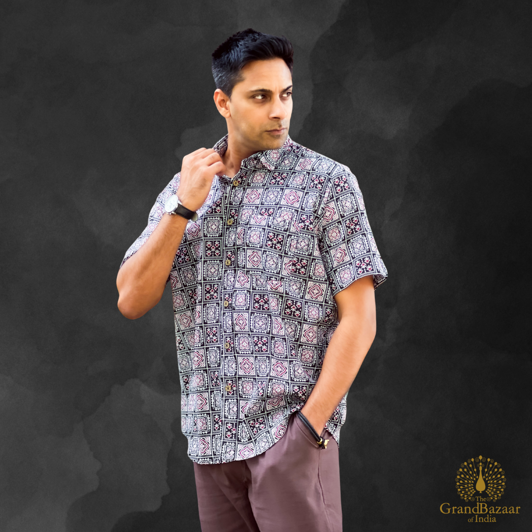 Men’s Cotton Printed Shirt – Black & White Geometric Tile Pattern(MSHIRT-HALF-33-JL25)