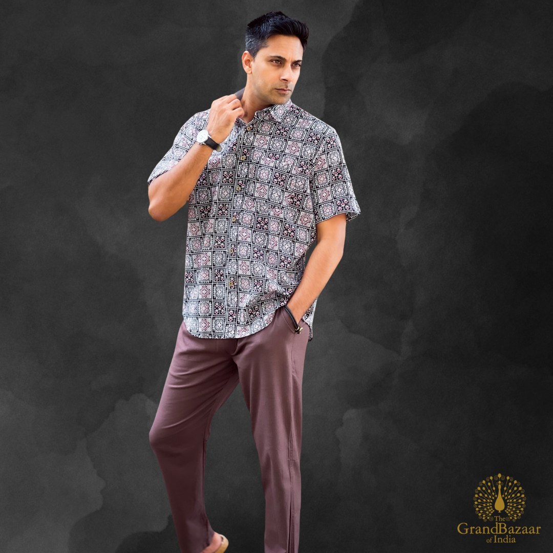 Men’s Cotton Printed Shirt – Black & White Geometric Tile Pattern(MSHIRT-HALF-33-JL25)