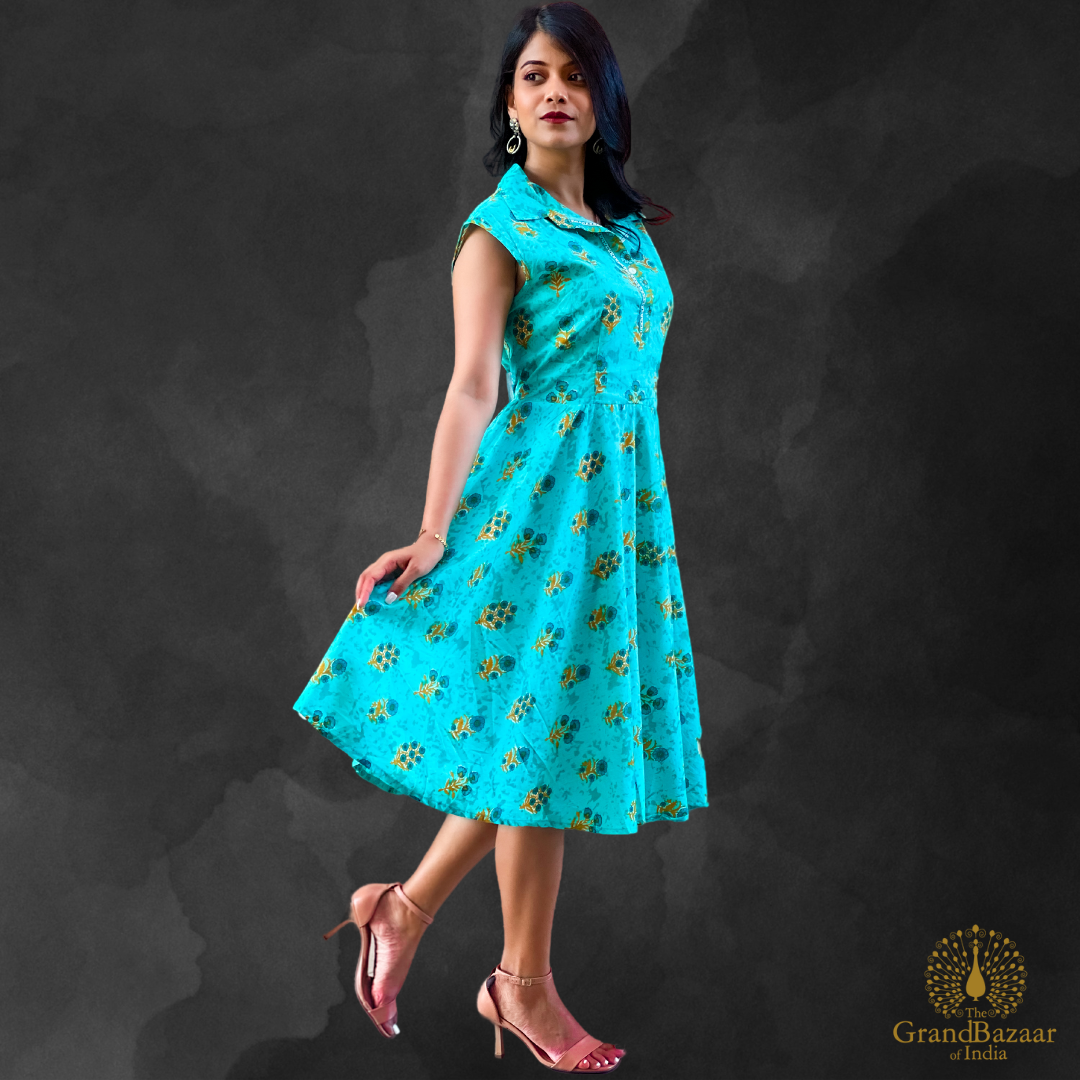 Women's Handblock Printed Cotton Flared Dress