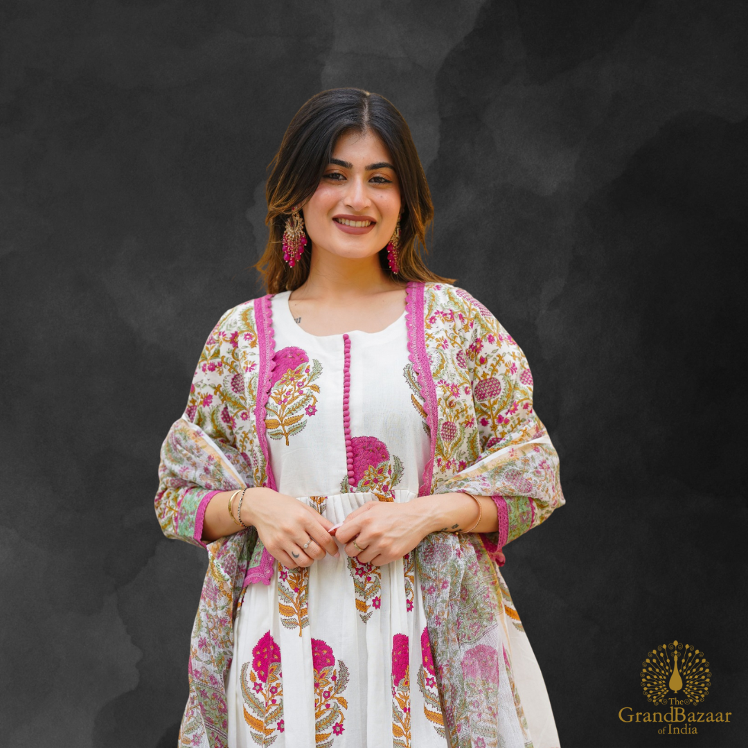 Elegant White Floral Cotton Kurti Set with Dupatta