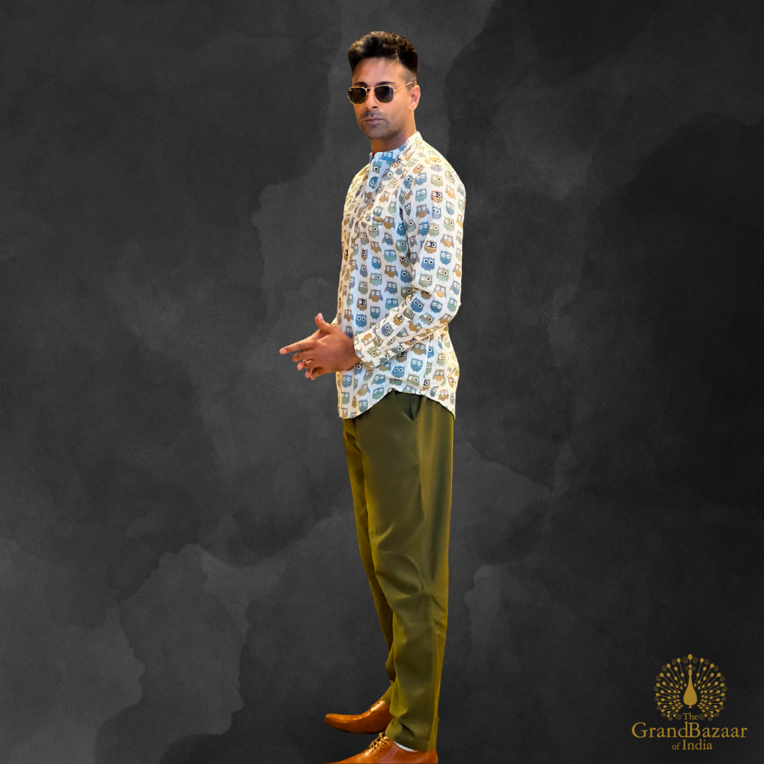 Men's Casual Owl Print Shirt - (MSHORT-KURTA-14-S24)