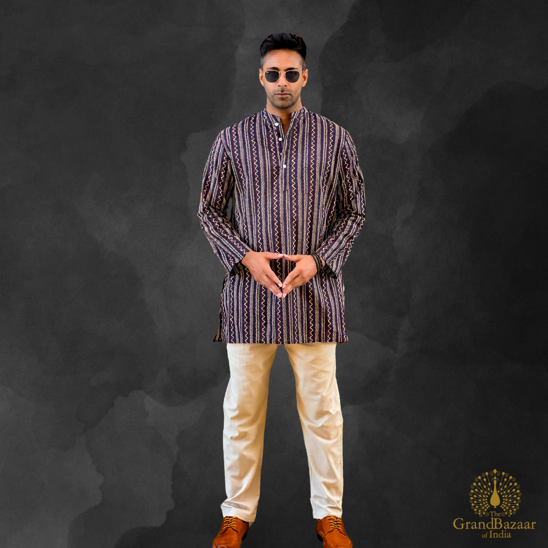 Men's Ethnic Long Kurta with Geometric Stripes - 24 S24