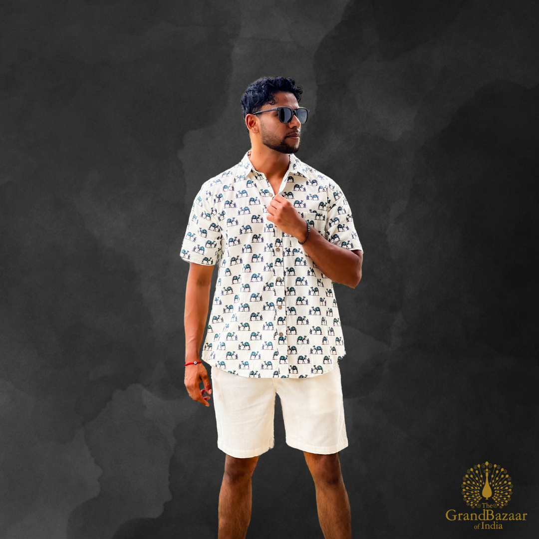 Men's Handblock Print Cotton Shirt – Ivory Elephant Motif (MSHIRT-HALF-21-S24)