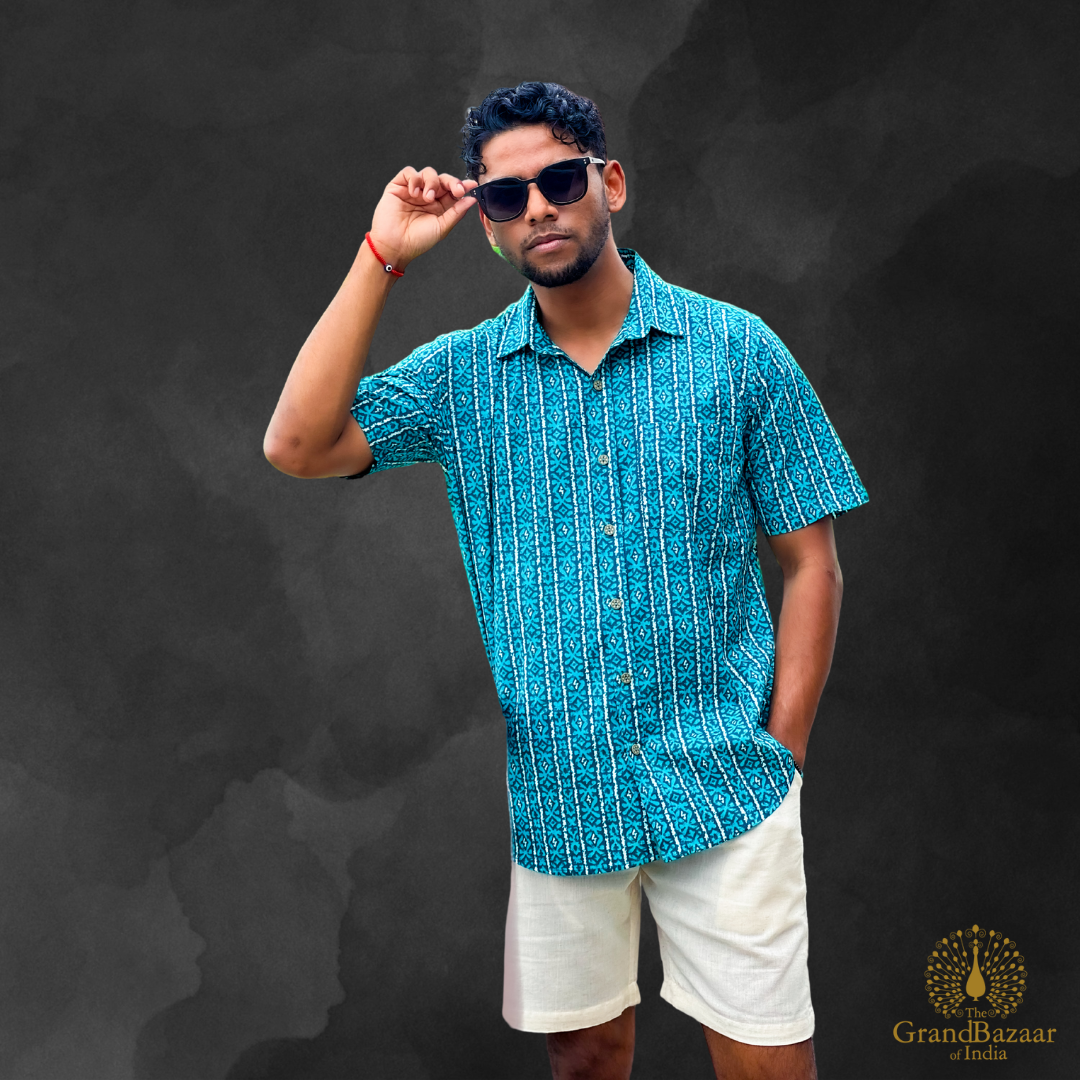 Men's Printed Cotton Short-Sleeve Shirt – Teal Ethnic Pattern (MSHIRT-HALF-28-S24)