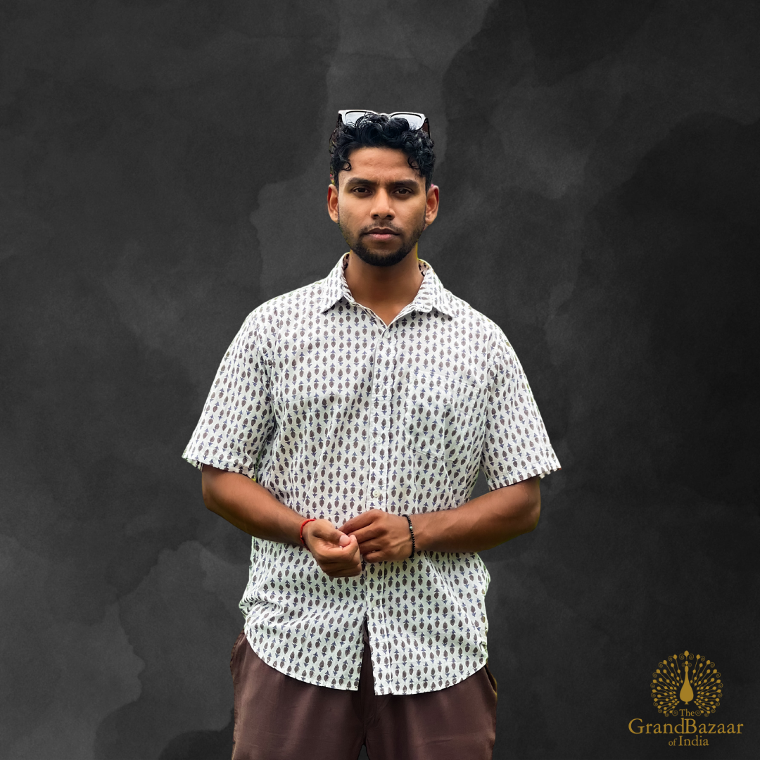 Hand-Block Printed Cotton Shirt – Classic Indigo Motif (MSHIRT-HALF-04-S24)