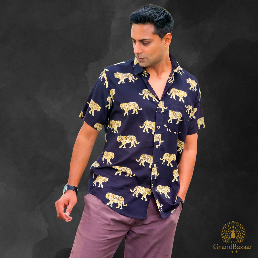Men’s Cotton Printed Shirt – Black with Golden Tiger Motif(MSHIRT-HALF-34-JL25)