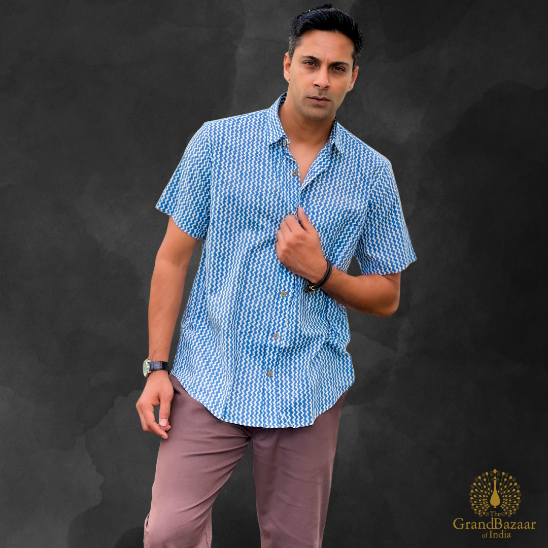 Men’s Cotton Printed Shirt – Blue Geometric Pattern(MSHIRT-HALF-32-JL25)