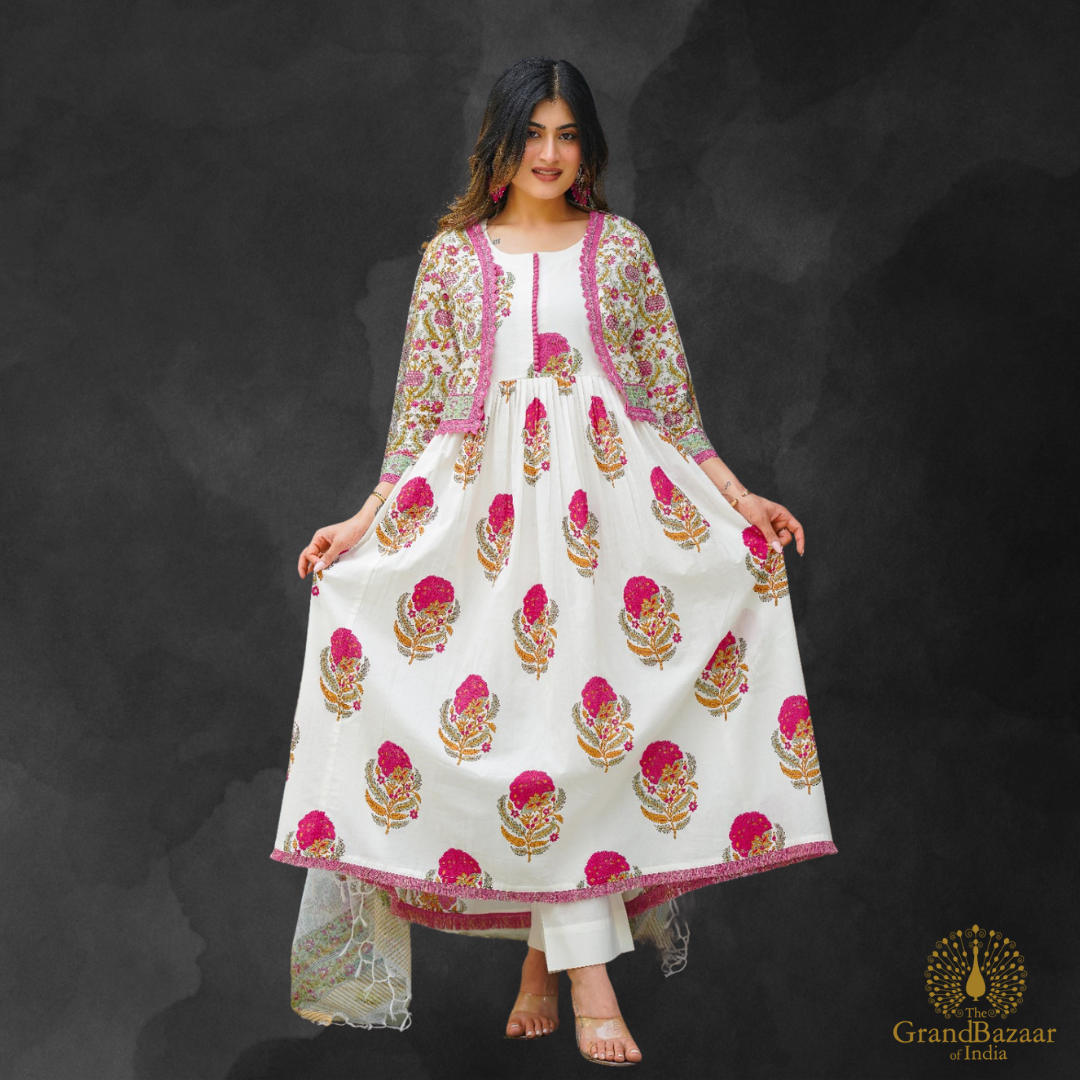 Elegant White Floral Cotton Kurti Set with Dupatta