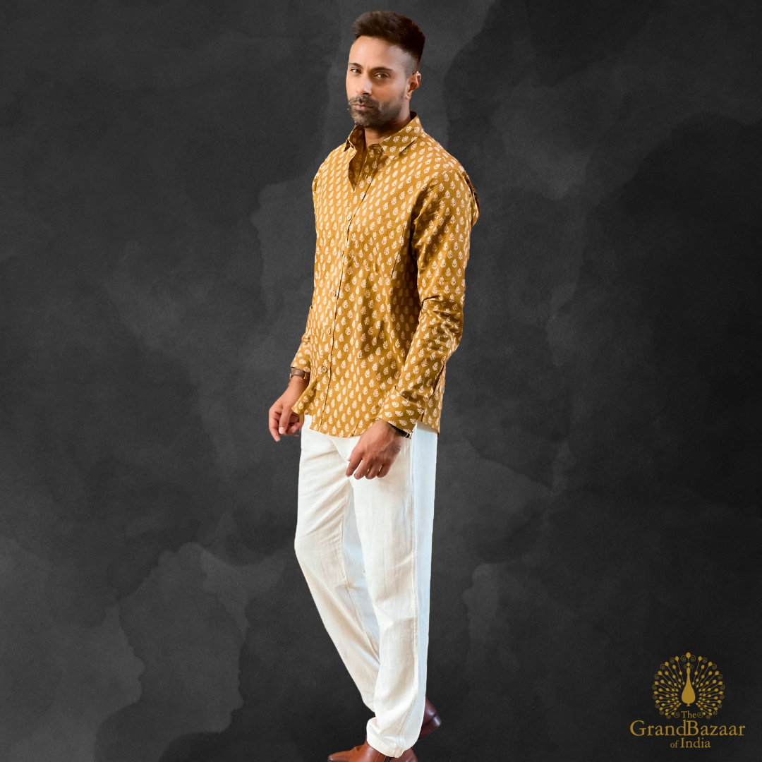 Men's Mustard Yellow Printed Cotton Shirt - 39 S24