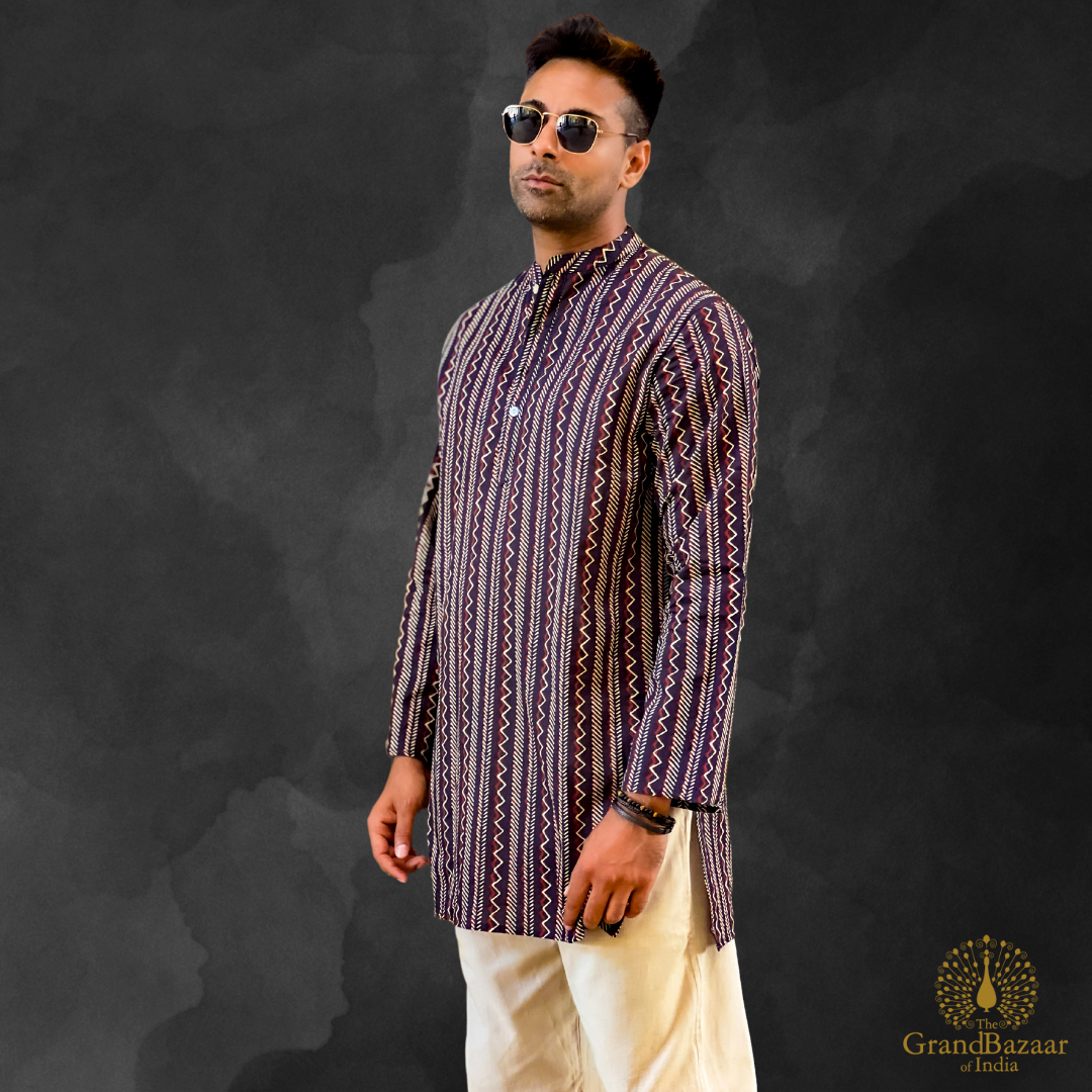Men's Ethnic Long Kurta with Geometric Stripes - 24 S24