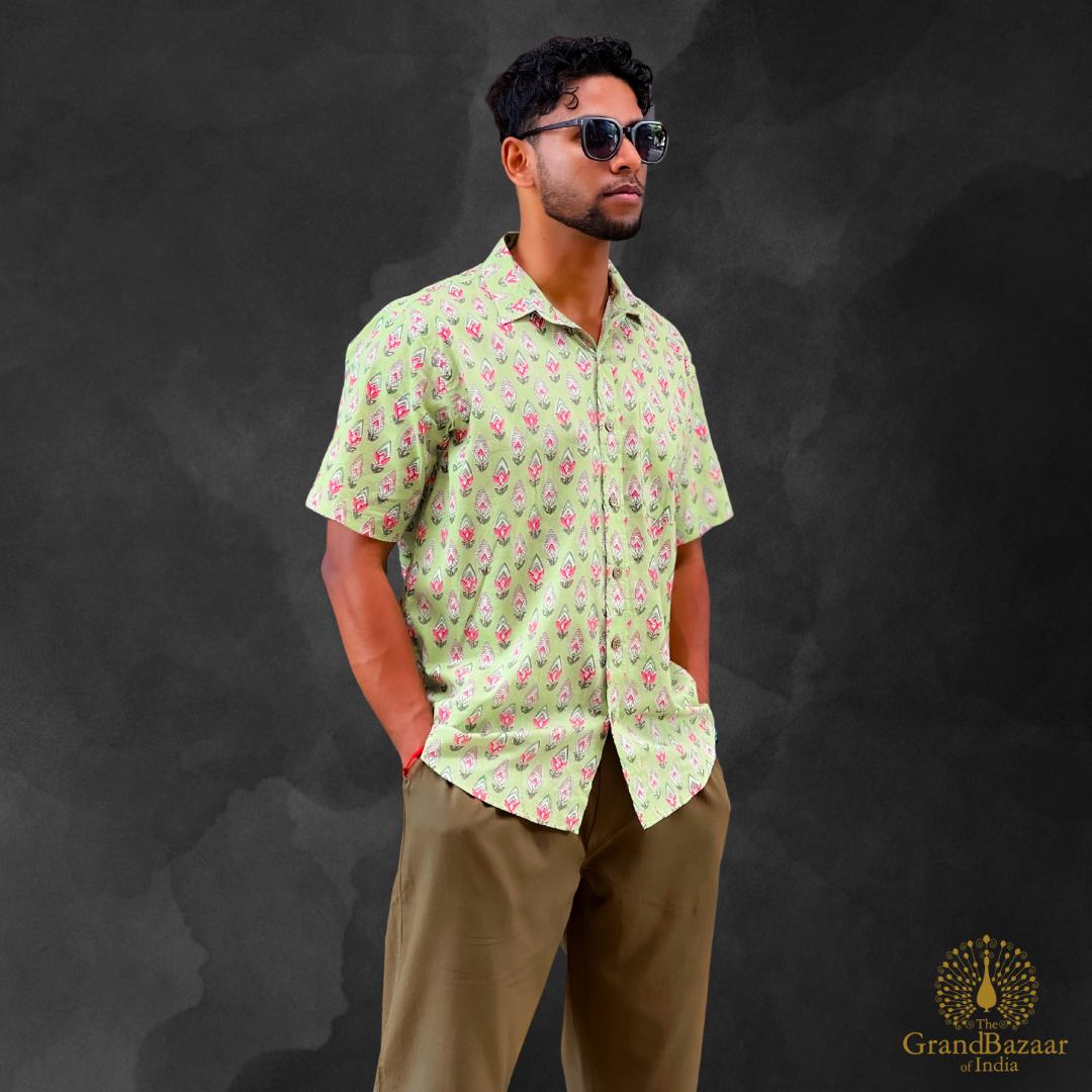 Men's Ikat Print Cotton Shirt – Pastel Green (MSHIRT-HALF-30-S24)