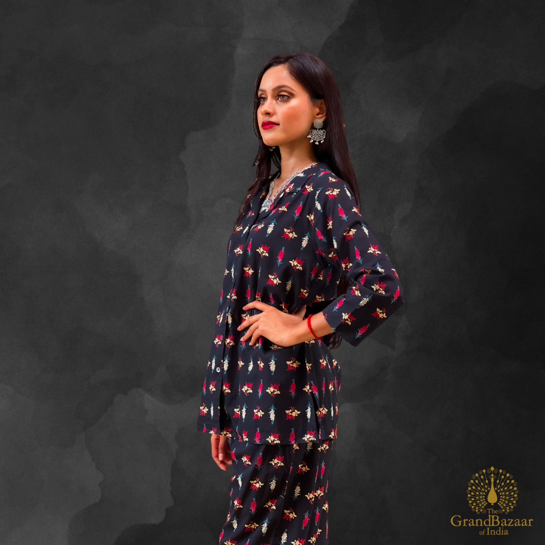 Black Floral Printed Co-ord Set – Ethnic Lounge Wear (CST-26-S24)