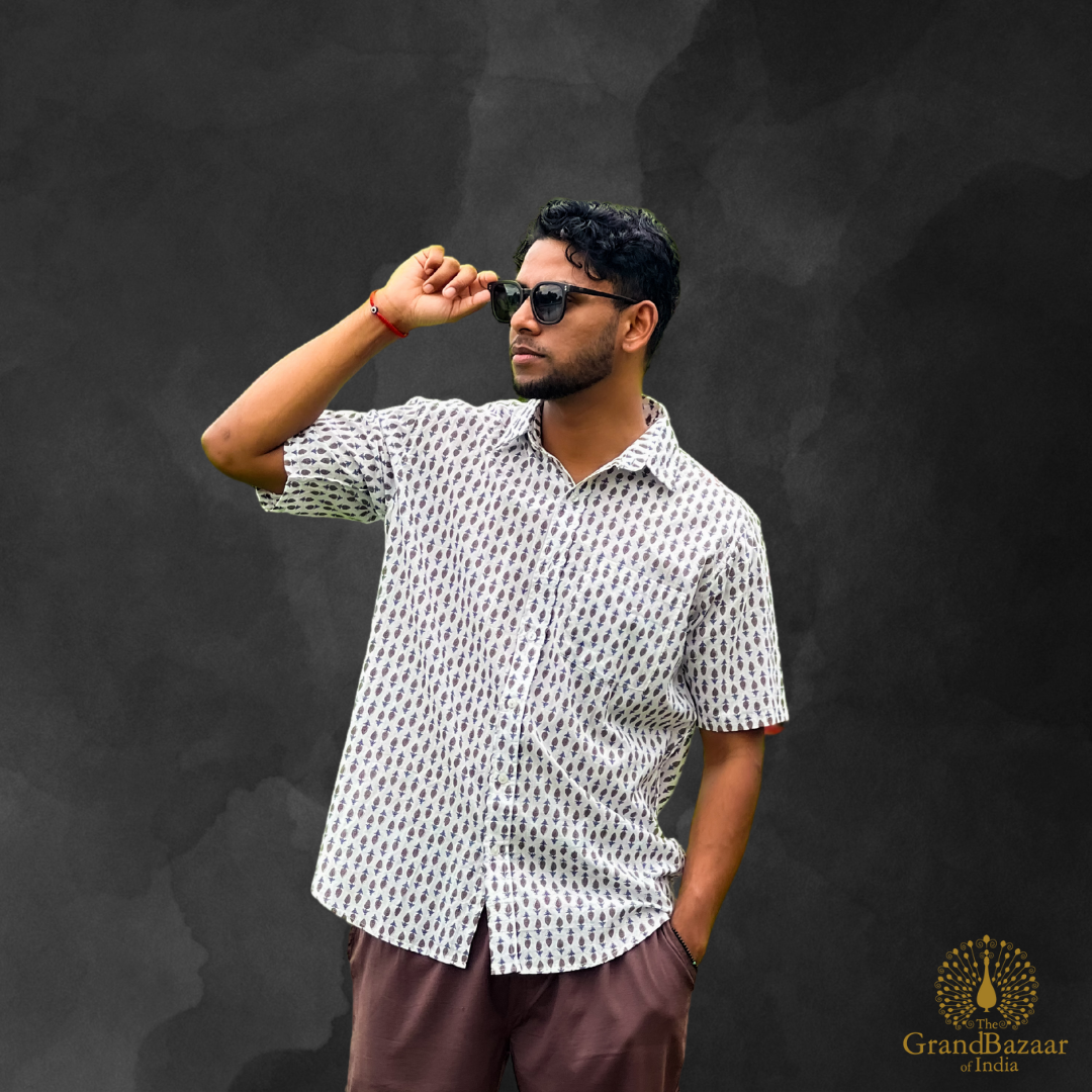 Hand-Block Printed Cotton Shirt – Classic Indigo Motif (MSHIRT-HALF-04-S24)