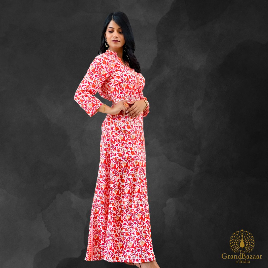 Women's Red Floral Printed Cotton Maxi Dress