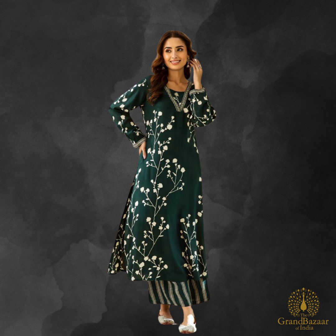 Elegant Forest Green Floral Kurti Set
