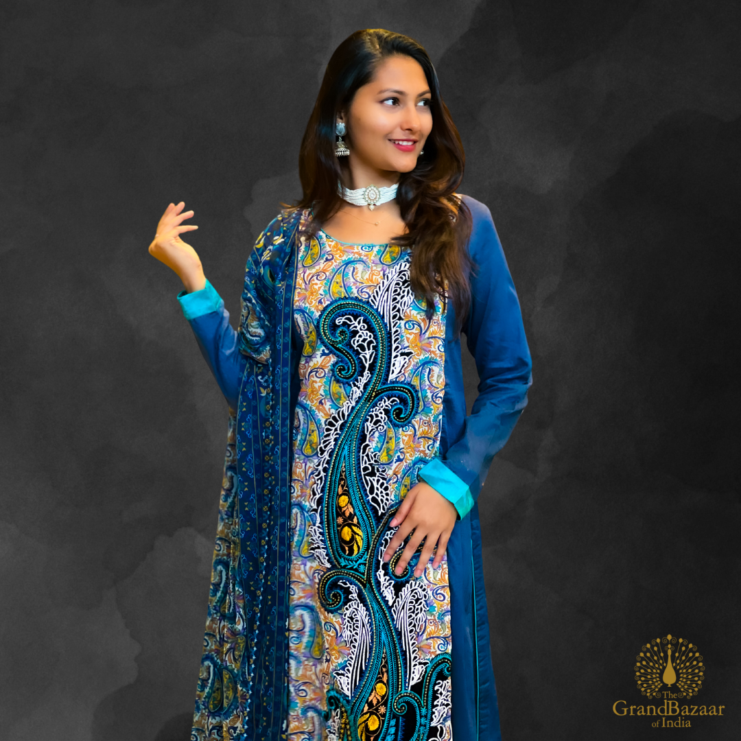 Blue kurti Full set with kashmiri embroidery