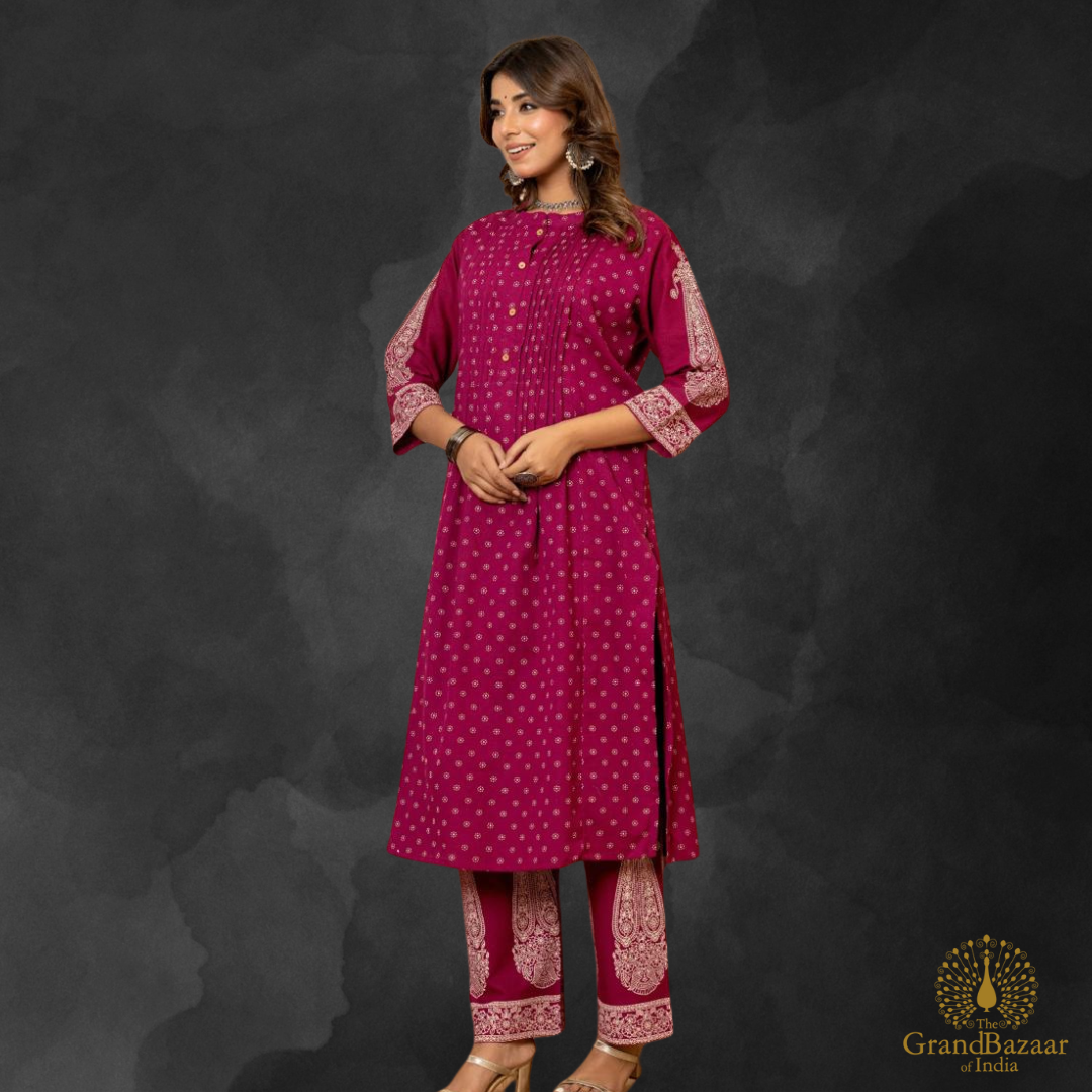 Aubergine color kurti set with palazzo pants with block prints design