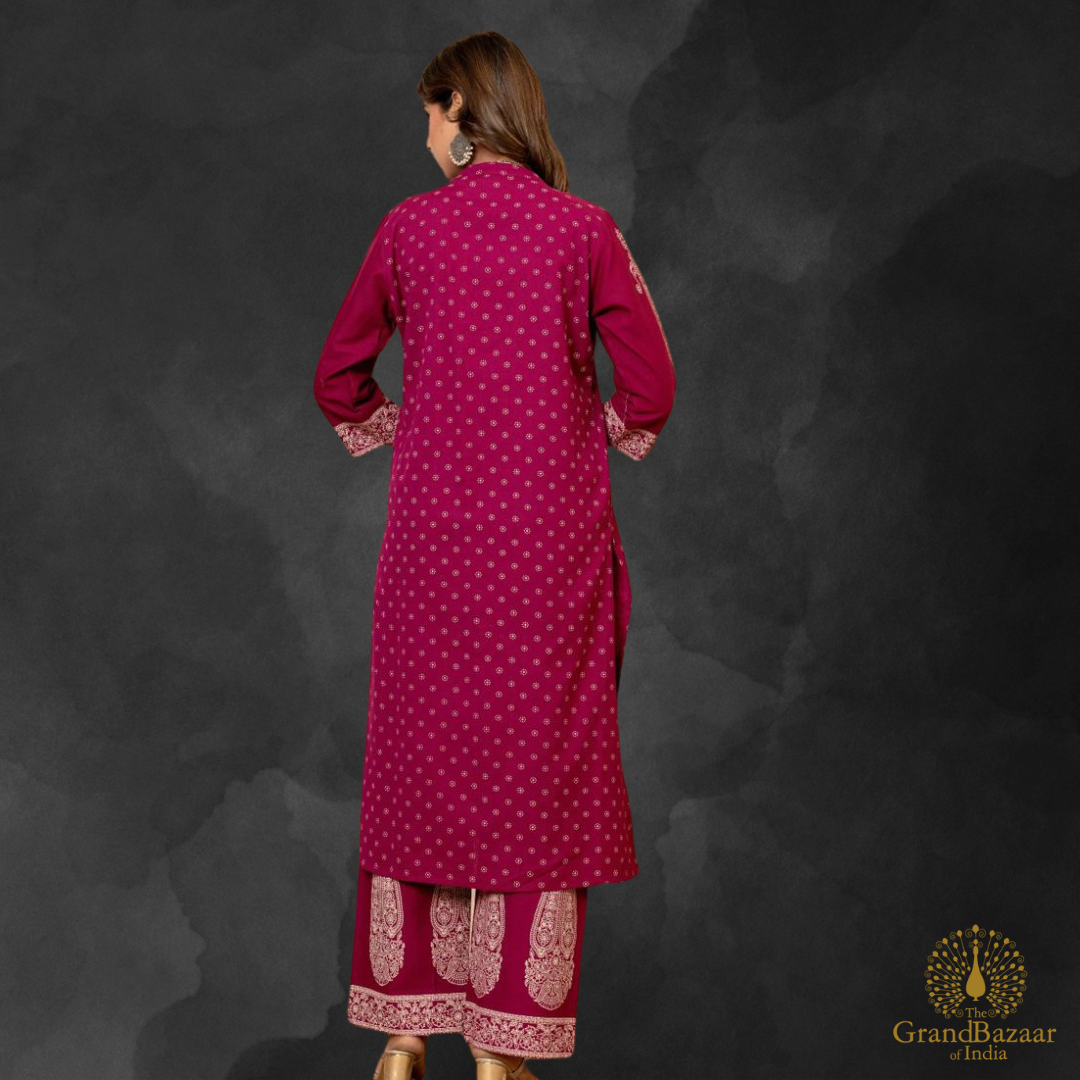 Aubergine color kurti set with palazzo pants with block prints design