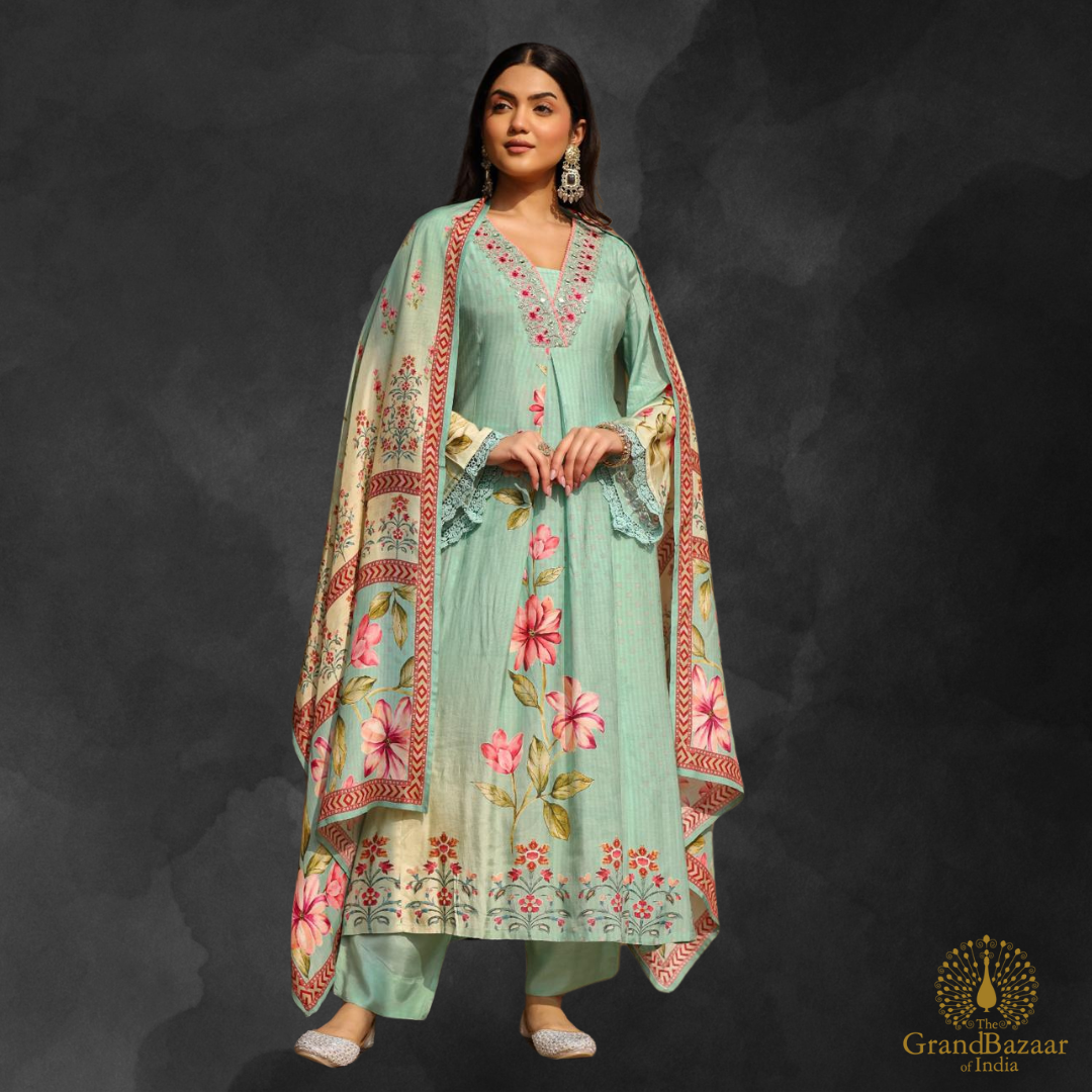 Mint Color kurti full set with pink florals design