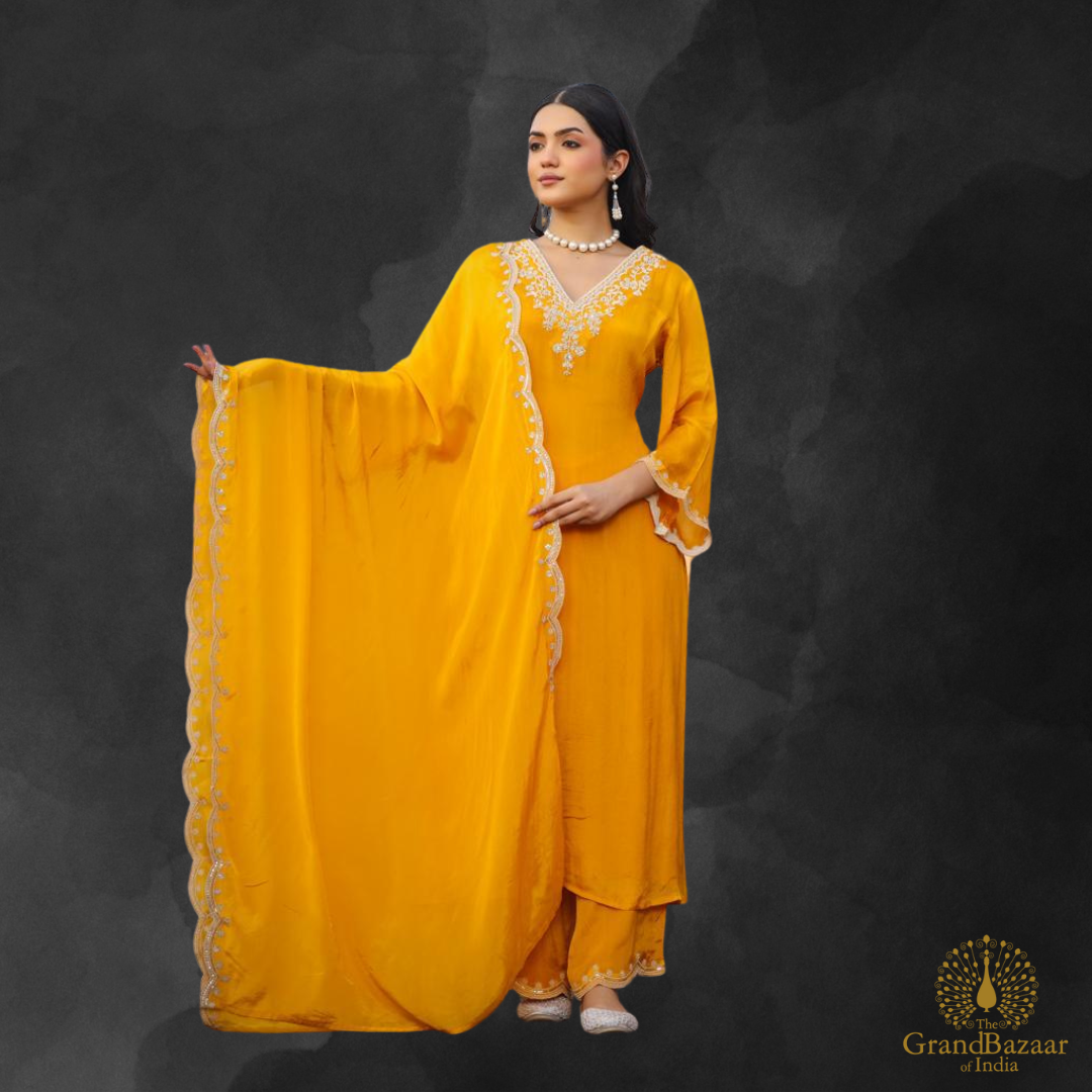 Yellow kurti full set with white embroidery