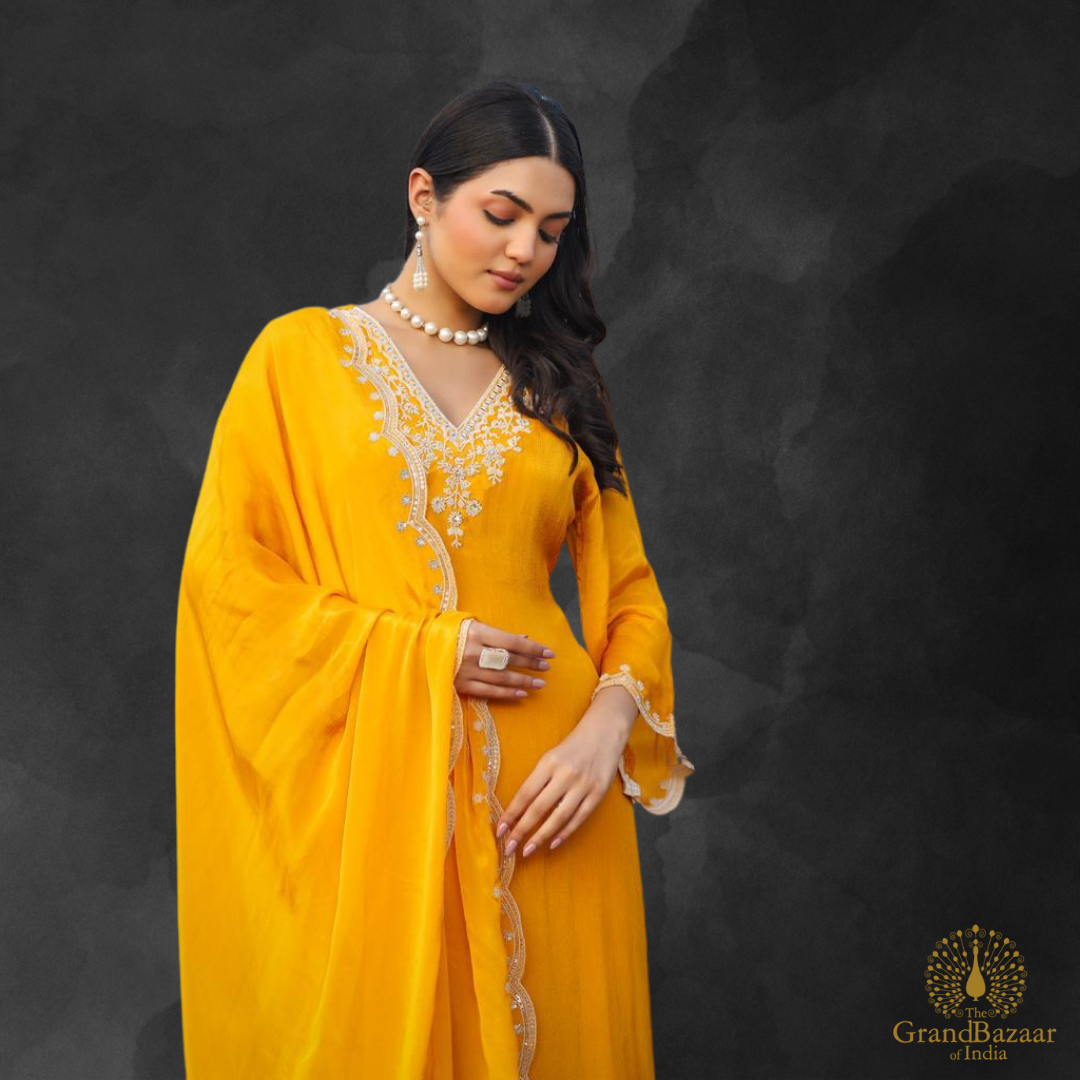 Yellow kurti full set with white embroidery