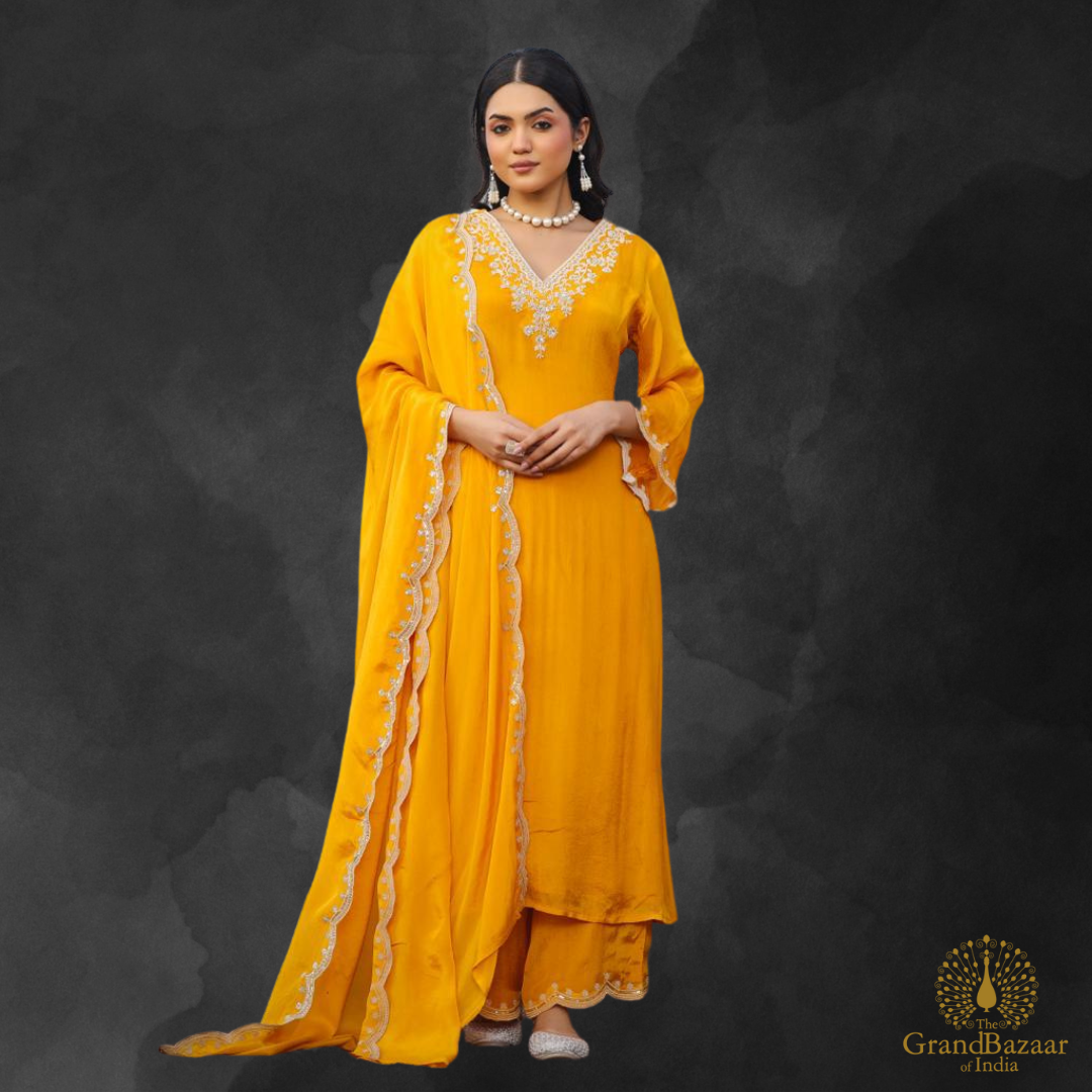 Yellow kurti full set with white embroidery