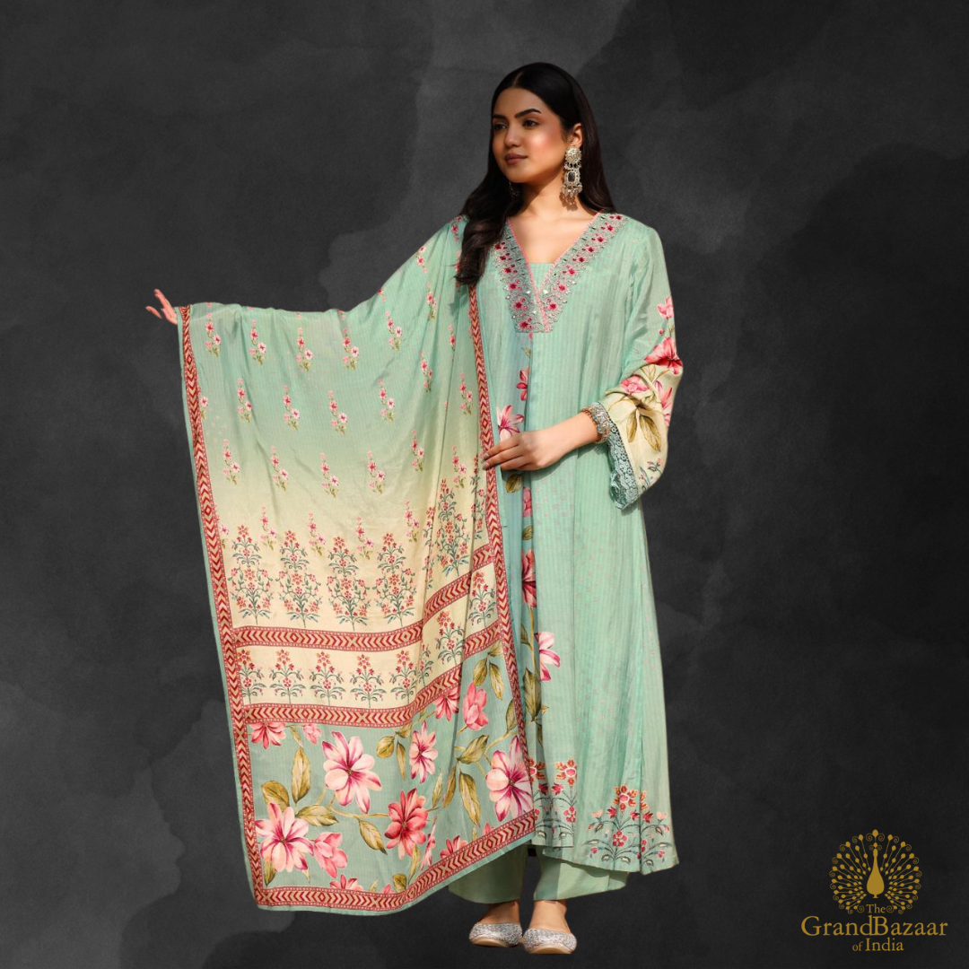 Mint Color kurti full set with pink florals design