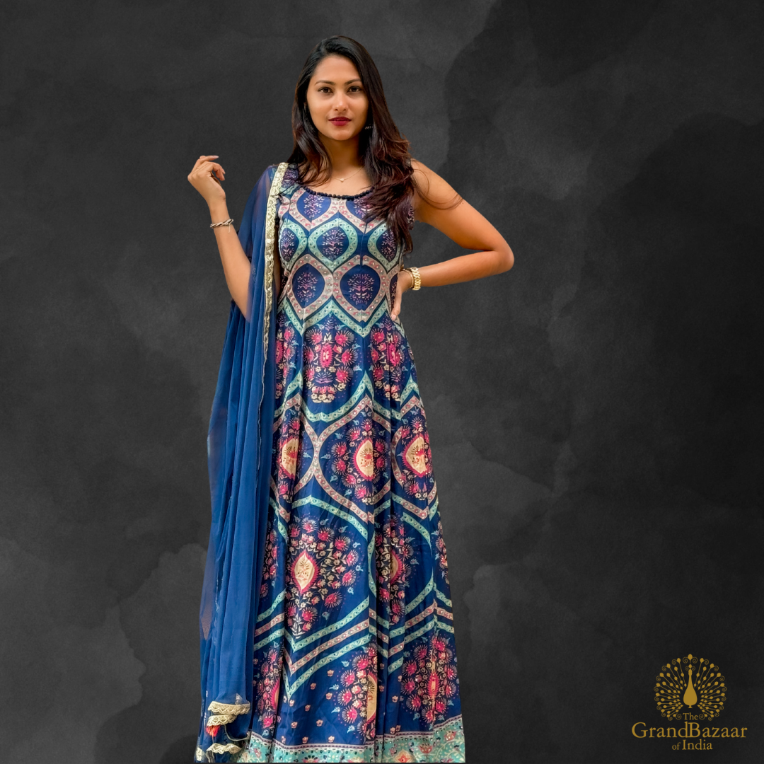 Long blue gown with block prints and matching dupatta
