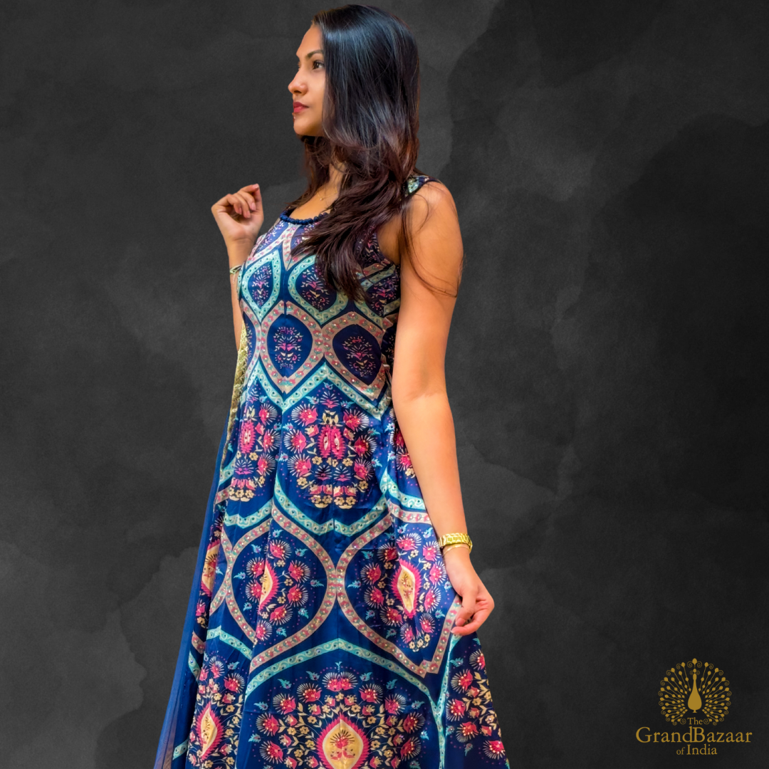 Long blue gown with block prints and matching dupatta