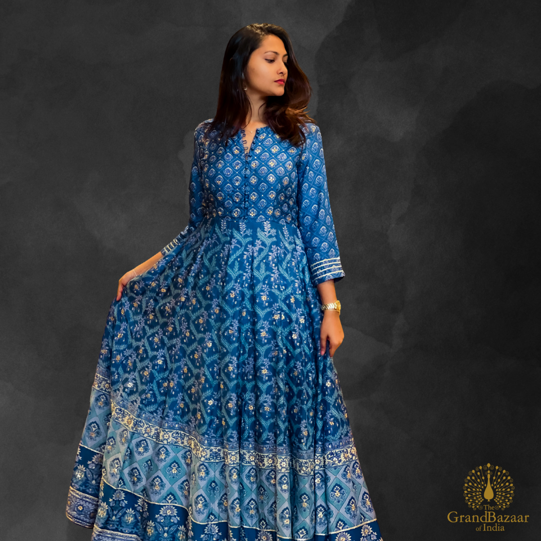 Long blue gown with block prints