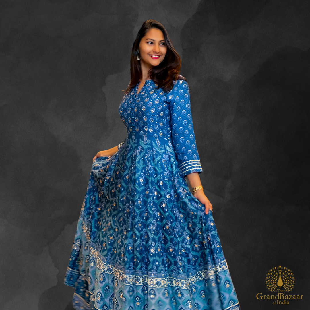 Long blue gown with block prints