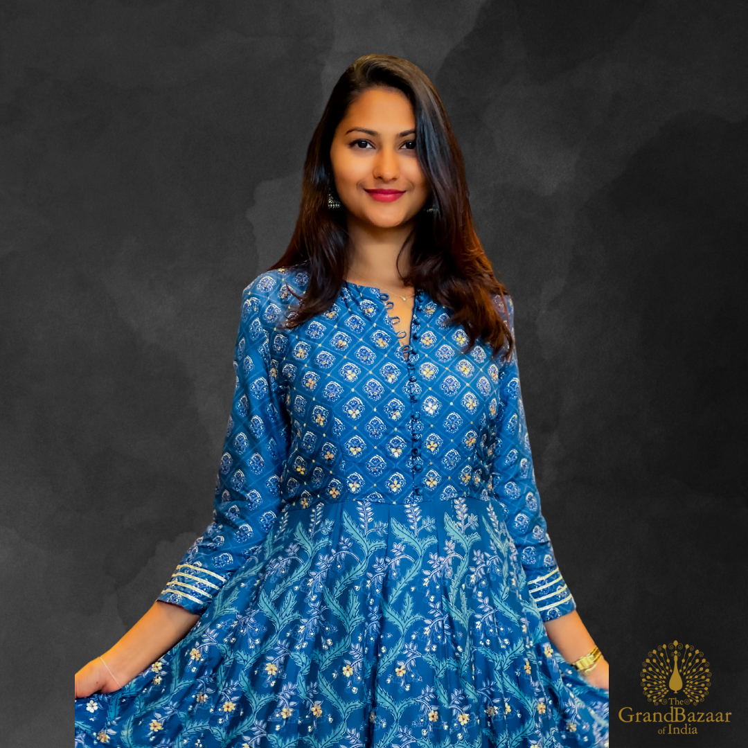 Long blue gown with block prints
