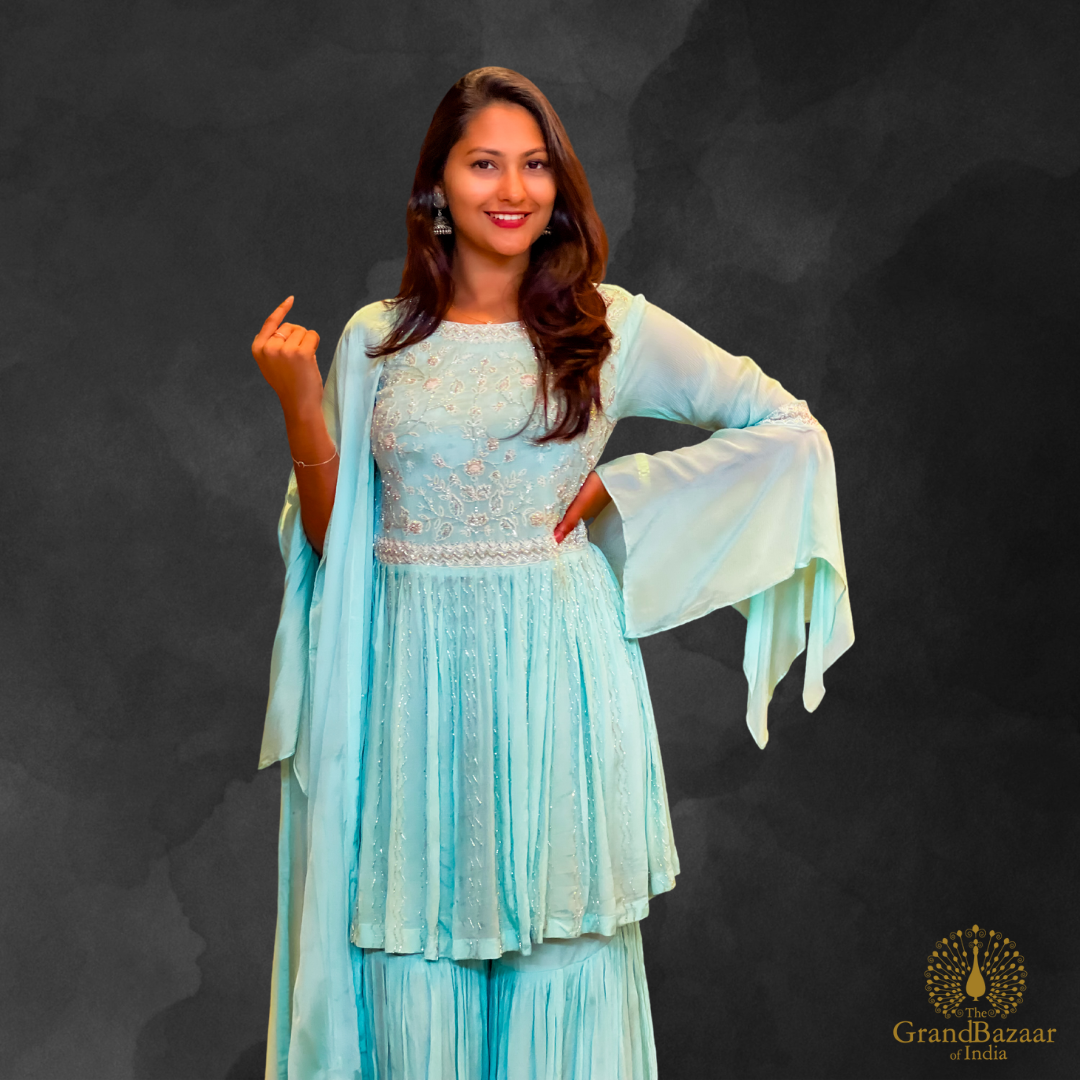 Kurti Full set with palazzo pant and Dupatta with Silver Embroidery.