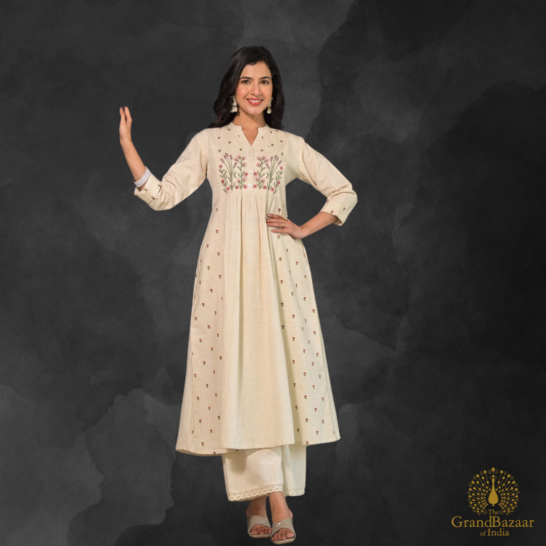 Off white kurti set with floral embroidery