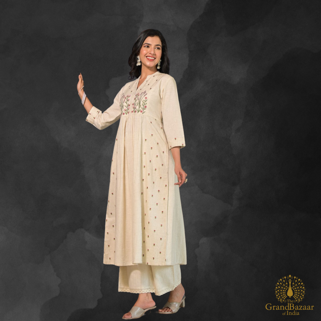 Off white kurti set with floral embroidery