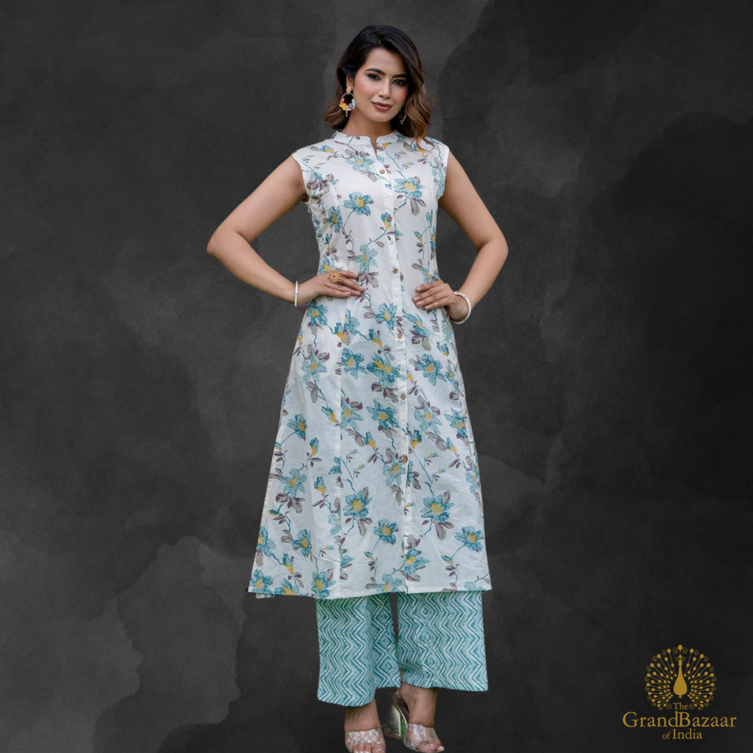White kurti set with floral prints