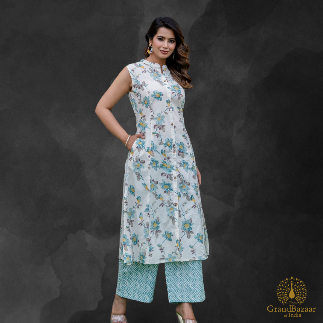White kurti set with floral prints