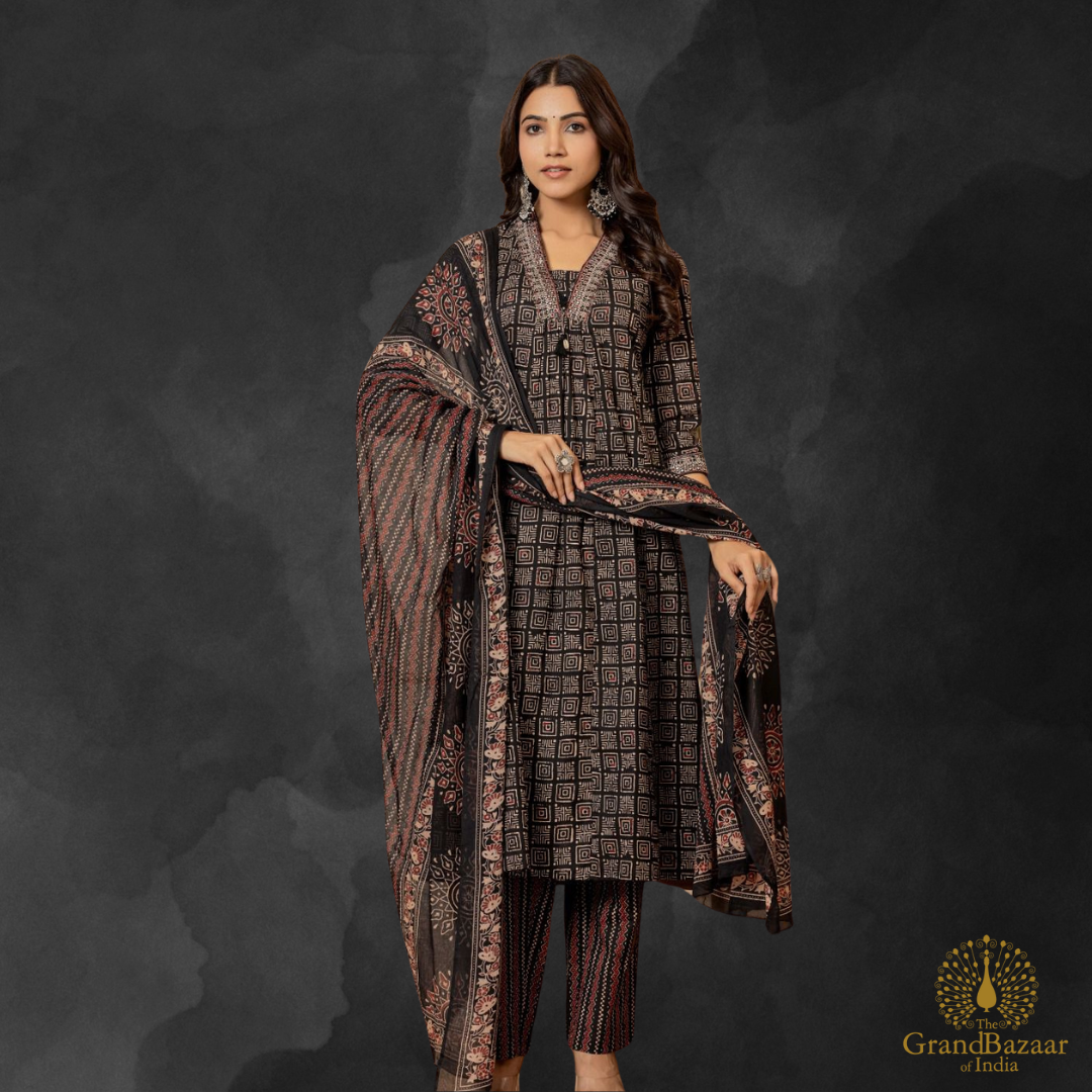 Black kurti full set with red and beige block prints